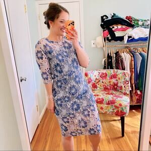 NWT VONE Antropologie Blue White Floral Lace Mini Dress Small